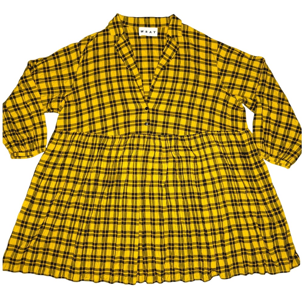 Wray NYC Yellow Black Plaid Babydoll Mini Dress XXL 3/4 Sleeve Notched Collar